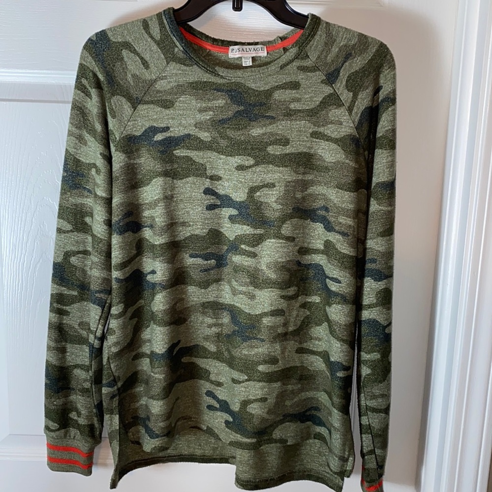 P.J. Salvage Camo Sweater  with orange detailing scoop neck Size Small